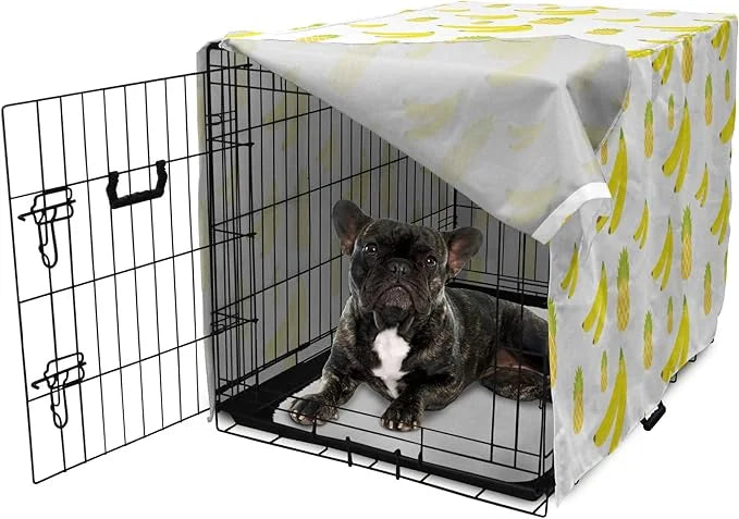 Lunarable Yellow Pineapple Dog Crate Cover, Continuous Ananas and Banana Tropical Fruits Print, Easy to Use Pet Kennel Cov...
