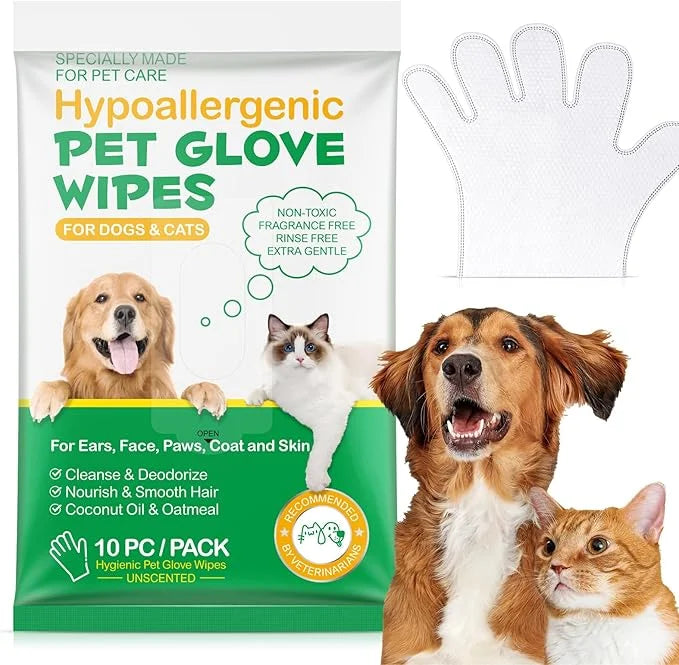 Pet Glove Wipes UNSCENTED for Dogs and Cats No-Rinse, Deodorizing, Grooming Gloves for Paws, Face, Butt, and Legs, Portabl...