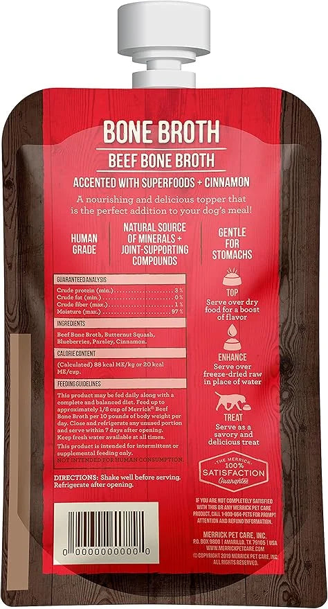 Merrick Grain Free Bone Broth, Premium Human Grade And Gluten Free Dog And Cat Food Topper Pouches, Beef - 7 oz. Pouch - P...
