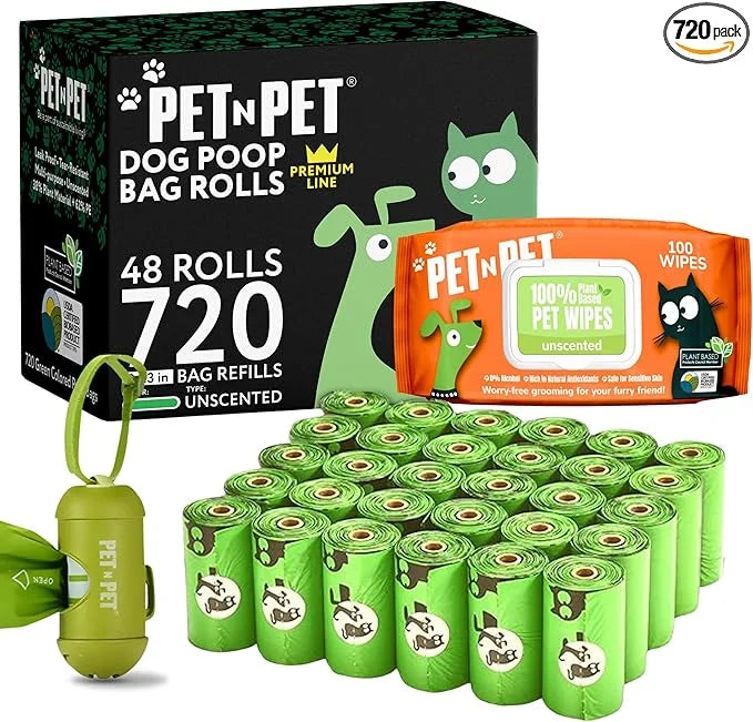 Pet N Pet 720 Counts, Unscented Dog Poop Bags Rolls, 38% Plant Based & 62% PE + 100% Plant Based Dog Wipes for Paws and Bu...