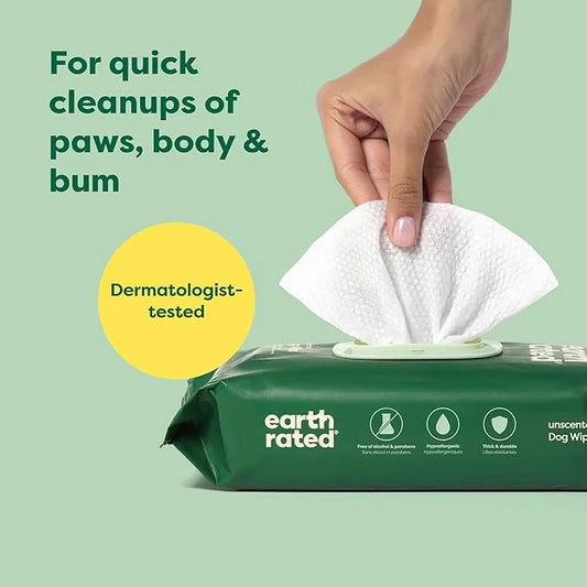 Earth Rated Pet Grooming Wipes for Dogs and Cats, Hypoallergenic, Cleaning and Hydrating, for Paws, Body and Butt, Unscent...