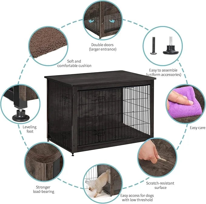 DWANTON Dog Crate Furniture with Cushion, Wooden Kennel Table with Double Doors, Indoor Dog House, Large Size, 38.5" L, Da...
