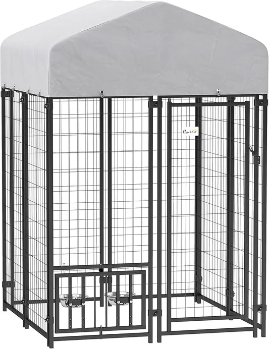 PawHut 3.9' x 3.9' x 6' Outdoor Dog Kennel, Welded Wire Heavy Duty Dog Run with 360° Rotating & 4 Level Adjustable Bowls, ...