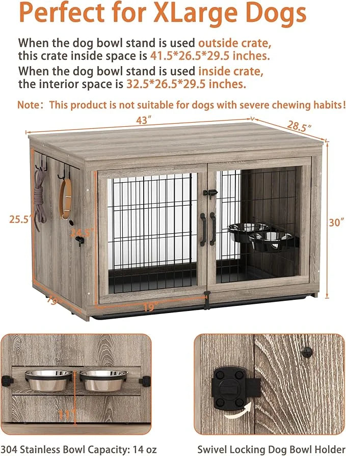 Piskyet Wooden Dog Crate Furniture with 360°Rotatable Removable Dog Bowls, Dog Crate End Table with Tray, Double Doors Dog...