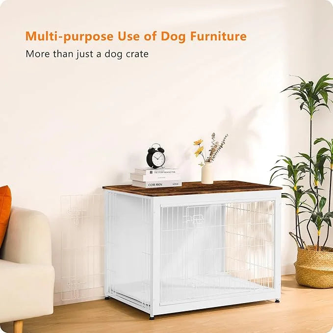 DWANTON Dog Crate Furniture with Cushion, Wooden Kennel Table with Double Doors, Indoor Dog House, Large Size, 38.5" L, Wh...