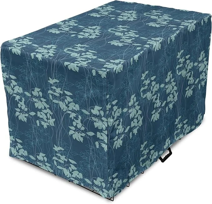 Lunarable Blue Floral Dog Crate Cover, Abstract Leaves and Outlines Rural Field Garden Foliage Art, Easy to Use Pet Kennel...
