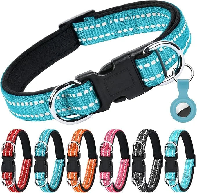 AUAUY Reflective Nylon Dog Collars, Adjustable Classic Pet Collars with Soft Neoprene Padding, Double Security Dual D-Ring...