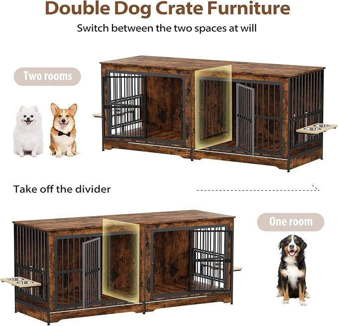 Rovibek 78 Double Dog Crate Furniture for 2 Large Dogs Indoor, Wooden Furniture Dog Crates with Dog Bowl, Dog Kennel Furni...