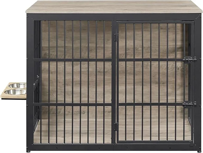 Dog Crate Furniture, 48 Inch Dog Kennel Furniture, Wooden 𝐃og Crate Furniture Large Breed with Rotating 𝘋og Bowls, Heavy D...