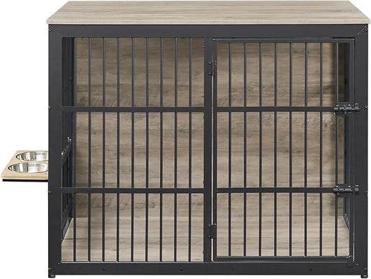 Dog Crate Furniture, 48 Inch Dog Kennel Furniture, Wooden 𝐃og Crate Furniture Large Breed with Rotating 𝘋og Bowls, Heavy D...