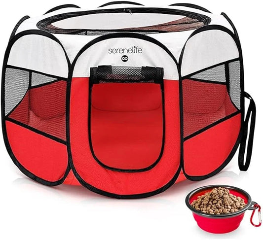 SereneLife On-The-Go Foldable Portable Pet Tent 8-Panel Playpen for Dog & Cat w/Food/Water Bowl, Mesh Exercise Puppy Playg...