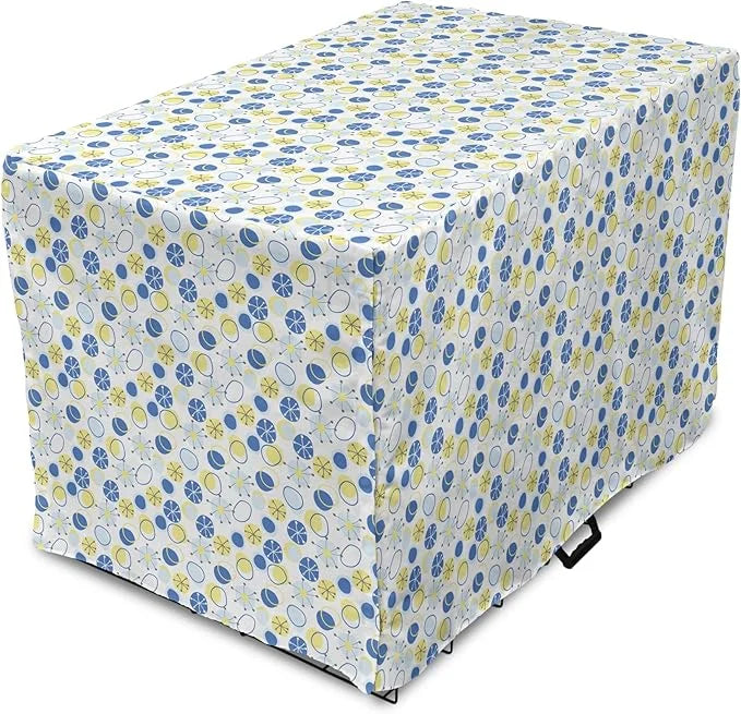 Lunarable Yellow and Blue Dog Crate Cover, Random Doodle Circles Abstract Floral Pattern, Easy to Use Pet Kennel Cover for...