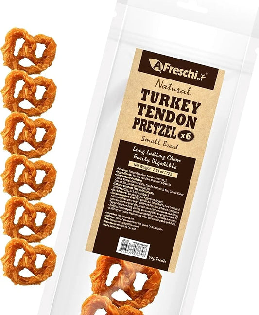 Afreschi Turkey Tendon for Dogs, Small Pretzel 6 Pieces per Pack, USA-Sourced Turkey, All Natural Human Grade Puppy Chew, ...