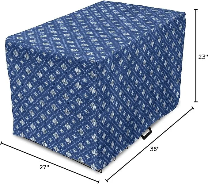 Lunarable Damask Blue Dog Crate Cover, Azulejo Talavera Inspired Continuous Pattern of Motif, Easy to Use Pet Kennel Cover...