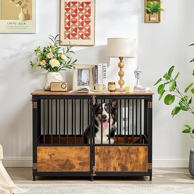 KOOPRO 43.7" Inch Dog Crate Furniture with Cushion for Large Dogs, Wooden Heavy Duty Dog Kennel with Double Doors Indoor, ...