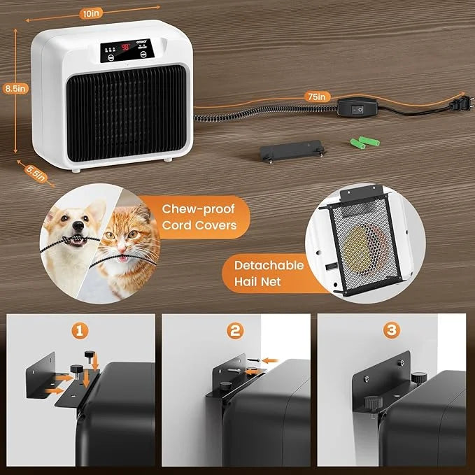 600W Dog House Heater With Time Setting (2 4 8 H), 300/600W 2 Mode Electric Pet Heater for Indoor/Outdoor Use, Livestock K...