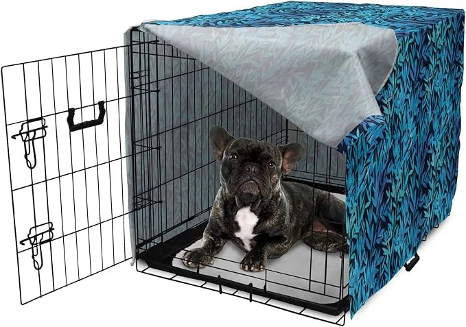 Lunarable Leaf Print Dog Crate Cover, Watercolor Hawaiian Inspired Nature Exotic Silhouettes on Dark Back, Easy to Use Pet...