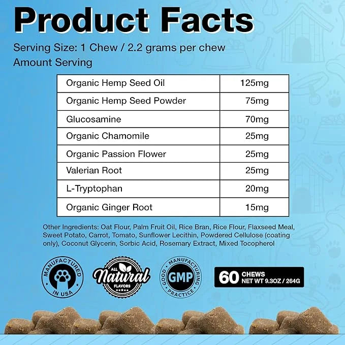 Hemp Dog Calming Chews - Anxiety Relief Treats, 60 Calming Treats for Dogs, Organic Calm Pup Dog Anxiety Relief, Calming C...