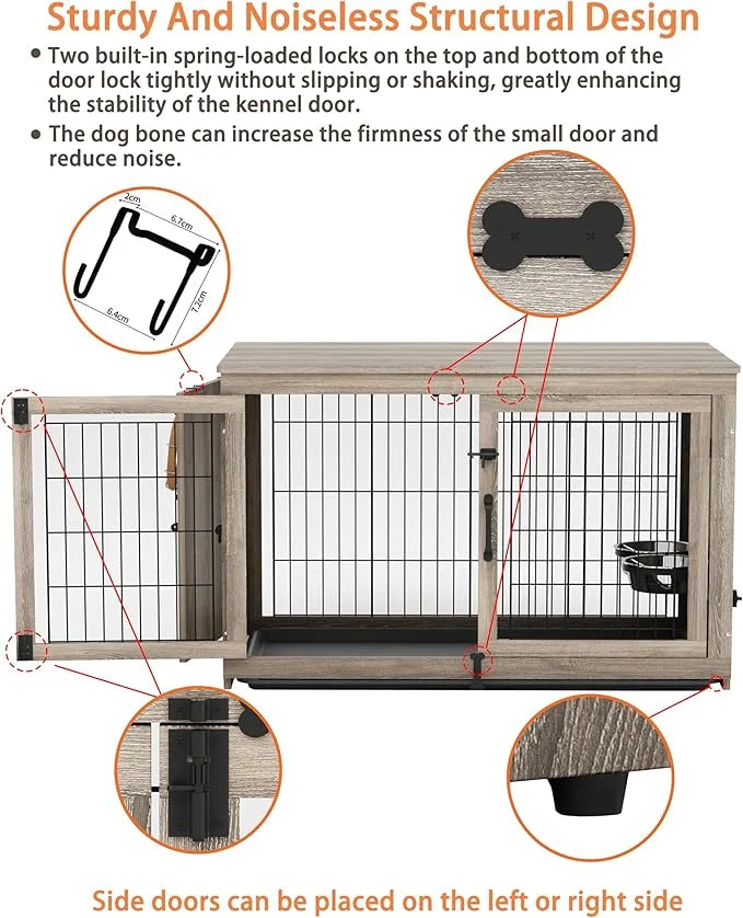 Piskyet Wooden Dog Crate Furniture with 360°Rotatable Removable Dog Bowls, Dog Crate End Table with Tray, Double Doors Dog...
