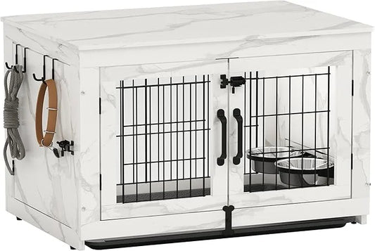 Piskyet Wooden Dog Crate Furniture with 360°Rotatable Removable Dog Bowls, Dog Crate End Table with Tray, Double Doors Dog...