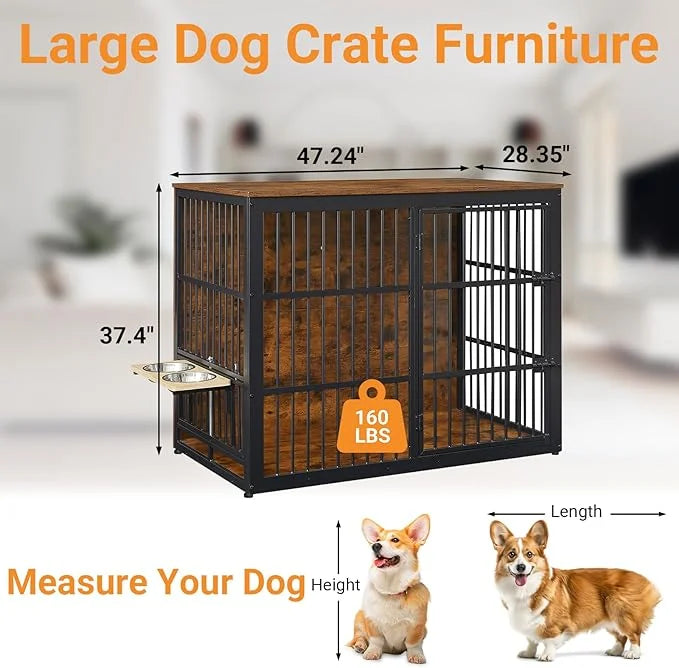 Dog Crate Furniture, 48 Inch Dog Kennel Furniture, Wooden Dog Crate Furniture Large Breed with Rotating Bowls, Heavy Duty ...