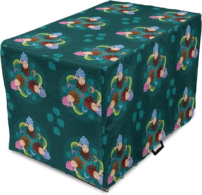 Lunarable Mermaid Dog Crate Cover, Smiling Happy Cheerful Mermaids with Seashells Scallops Exotic Waters Spirals, Easy to ...