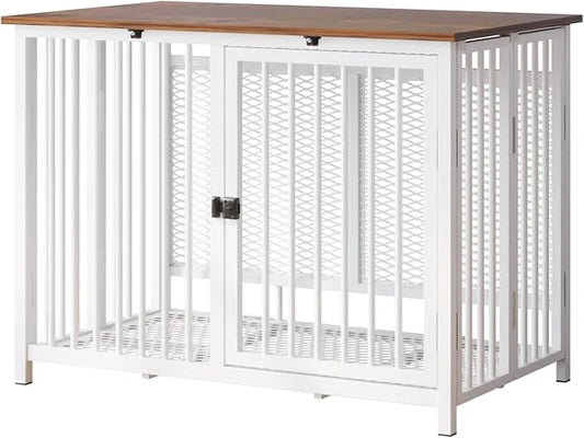 Heavy Duty Dog Crate Furniture, Fully Assembled exc. Locks, All Metal Frame & Wooden Tabletop, Modern Kennel for Small/Med...