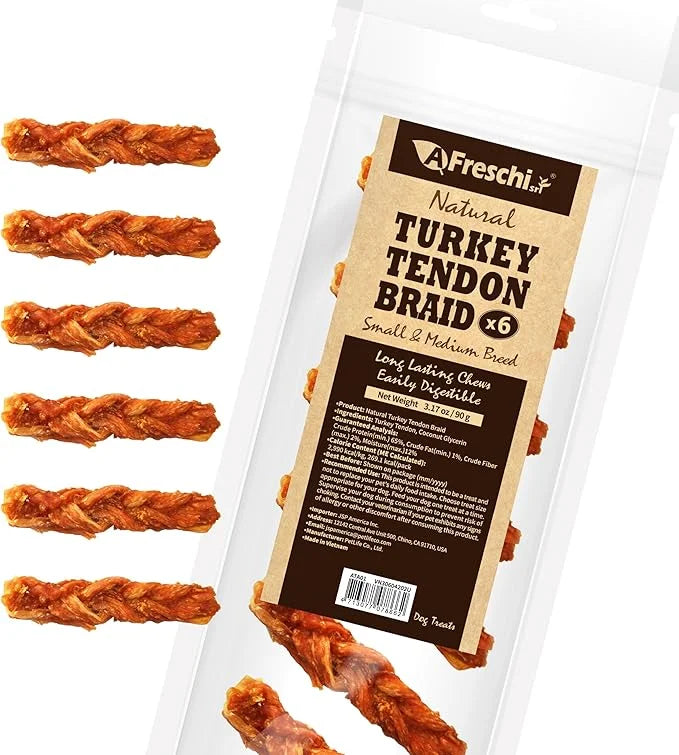 Afreschi Turkey Tendon for Dogs, Medium Braid 3.17 oz, USA-Sourced Turkey, All Natural Human Grade Dog Chew, Hypoallergeni...