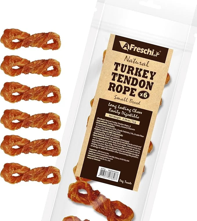 Afreschi Turkey Tendon for Dogs, Small Rope 6 Pieces per Pack, USA-Sourced Turkey, All Natural Human Grade Puppy Chew, Hyp...