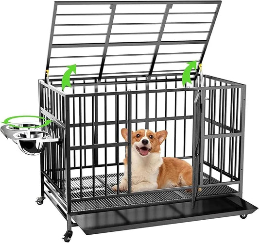 LOVMOR 37" Heavy Duty Dog Crate with Wheels/Unique Air Lift Rod / 360° & Adjustable 2 Bowls, Extra Small Dog Crate - Produ...