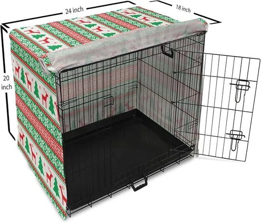 Ambesonne Christmas Dog Crate Cover, Knit Style Graphic Reindeer Star and Snowflake Holiday Family Theme, Easy to Use Pet ...