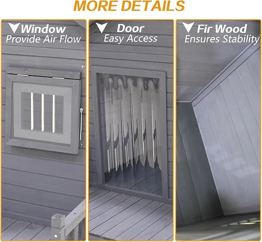 Outdoor Large Dogs House with Spacious Terrace,Open Waterproof Asphalt Roof Dog Kennel W/Breathable Window & 2 Feeding Sta...