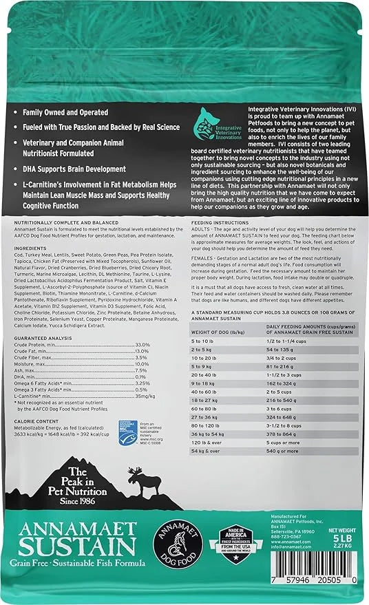 Annamaet Grain-Free Sustain Formula Dry Dog Food, (Line-Caught Cod & Free-Range Turkey), 5-lb Bag - Product Image