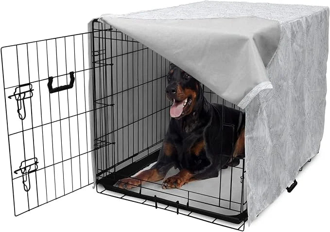 Ambesonne Grey and White Dog Crate Cover, Doodle Style Botanical Leaves Pattern Shabby Ornamental, Easy to Use Pet Kennel ...