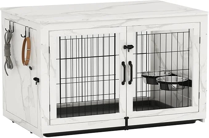 Piskyet Wooden Dog Crate Furniture with 360°Rotatable Removable Dog Bowls, Dog Crate End Table with Tray, Double Doors Dog...