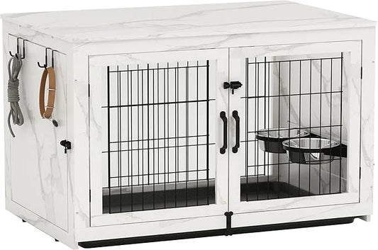 Piskyet Wooden Dog Crate Furniture with 360°Rotatable Removable Dog Bowls, Dog Crate End Table with Tray, Double Doors Dog...