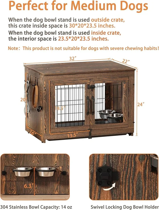 Piskyet Wooden Dog Crate Furniture with 360°Rotatable Removable Dog Bowls, Dog Crate End Table with Tray, Double Doors Dog...