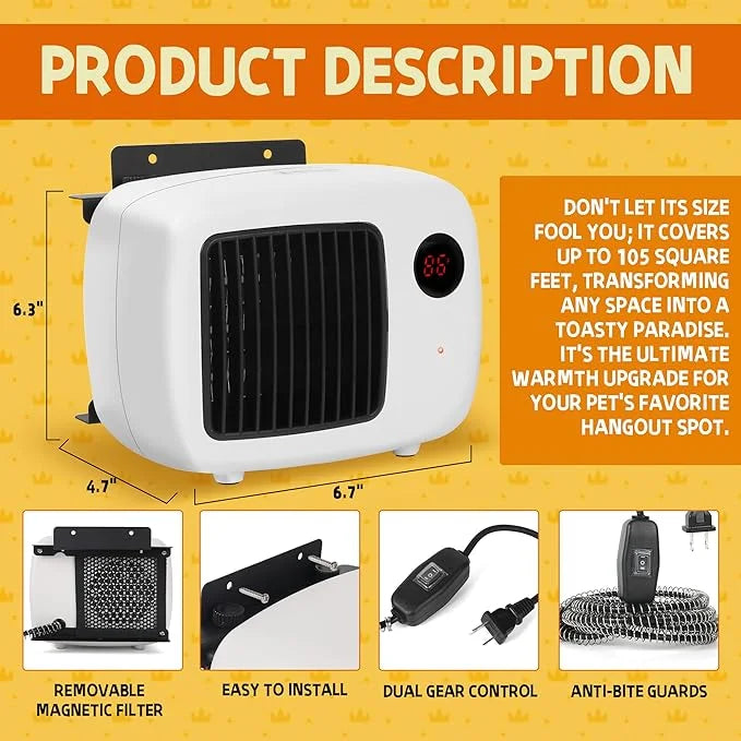 Pet House Heater with Thermostat - 2 Heating Modes (200/400W), 6FT Anti Chew Cord, Overheat Protection - Ideal for Dog Hou...