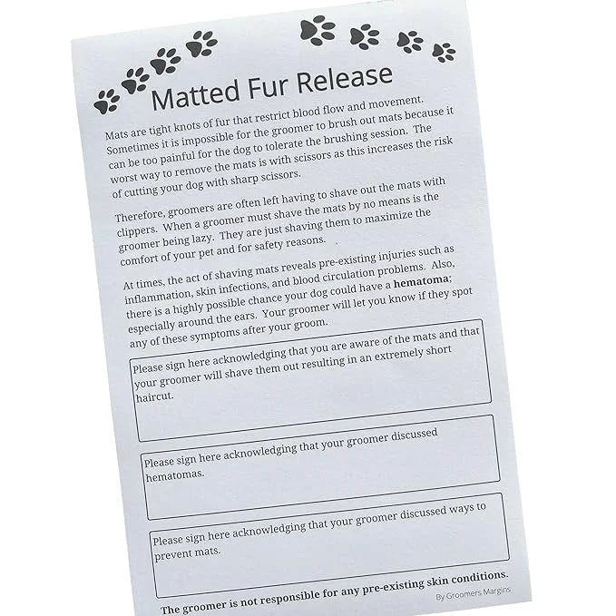 Matted Fur Release Forms for Dog Grooming Salons (Pad of 100, 5.5 X 8.5 Inches) - Addressing Mats - Product Image