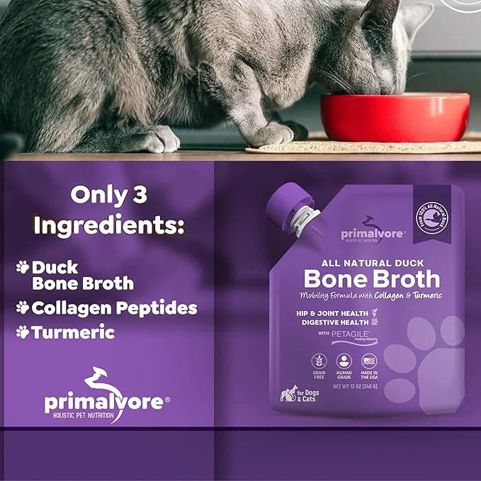 Primalvore All-Natural Duck Bone Broth for Dogs &Cats, Mobility Formula w/Collagen Peptides for Hip & Joints, Digestion, S...