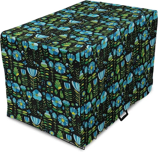 Lunarable Floral Dog Crate Cover, Abstract Flower Bouquets Dragonflies Ladybugs Butterflies on Dark, Easy to Use Pet Kenne...