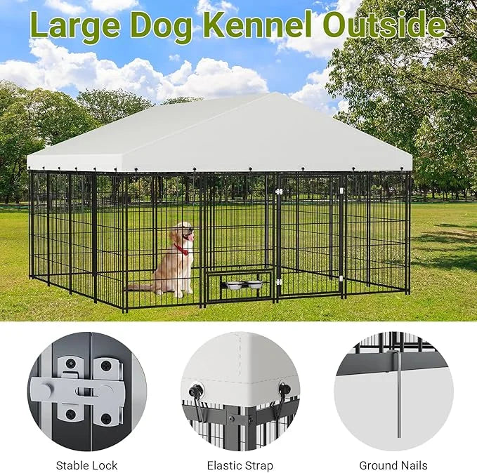 Rovibek 10x10 FT Dog Kennel Outside, Dog Kennels Outdoor with 2 Height Adjustable Rotating Feeder Bowls, Dog Enclosure Out...