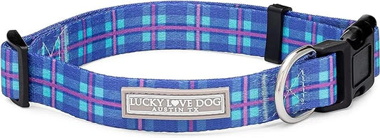 Lucky Love Dog, Blue and Violet Plaid Dog Collar, Adjustable & Comfy Collar for Boy and Girl Dog, Easy On & Off Clasp Acce...