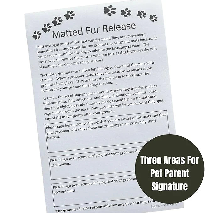 Matted Fur Release Forms for Dog Grooming Salons (Pad of 100, 5.5 X 8.5 Inches) - Addressing Mats - Product Image