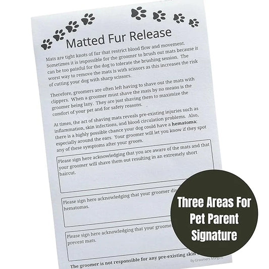 Matted Fur Release Forms for Dog Grooming Salons (Pad of 100, 5.5 X 8.5 Inches) - Addressing Mats - Product Image