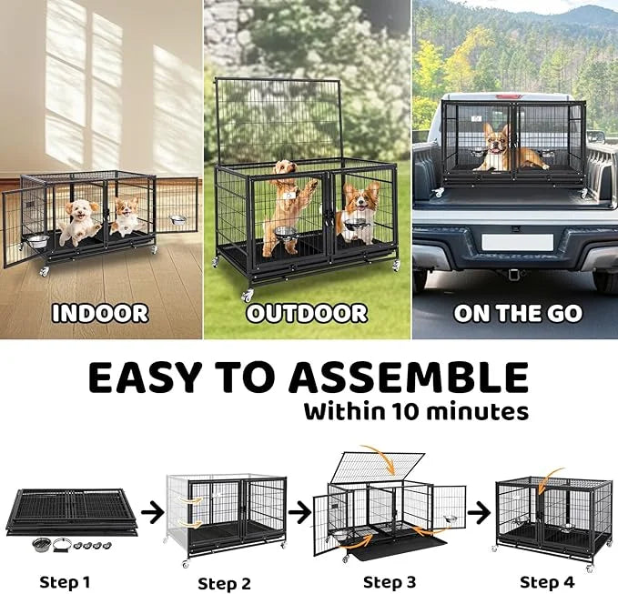 Homey Pet 43 Inch Metal Open Top Stackable Heavy Duty Dog Cage Kennel with Three Door, Metal Floor Grid, Tray, Wheels, Div...