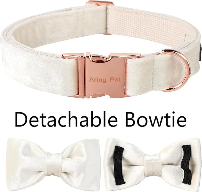 ARING PET Bowtie Dog Collar-Velvet Dog Collars with Detachable Bowtie, White Wedding Soft Dog Collar,X-Large. - Product Image