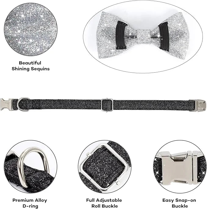 Bling Bow Tie Dog Collar and Leash Set, Cute Black Boy Dog Collar with Bow and 5ft Leash for Small Medium Dogs Daily Walki...