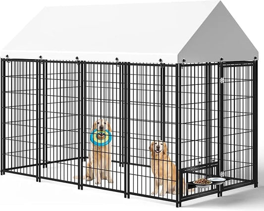 Large Dog Kennel Outside - 7.9 x 4.1 x 5.9 ft Dog Outdoor Kennel with Roof, Outside Dog kennels with Rotating Feeding Bowl...