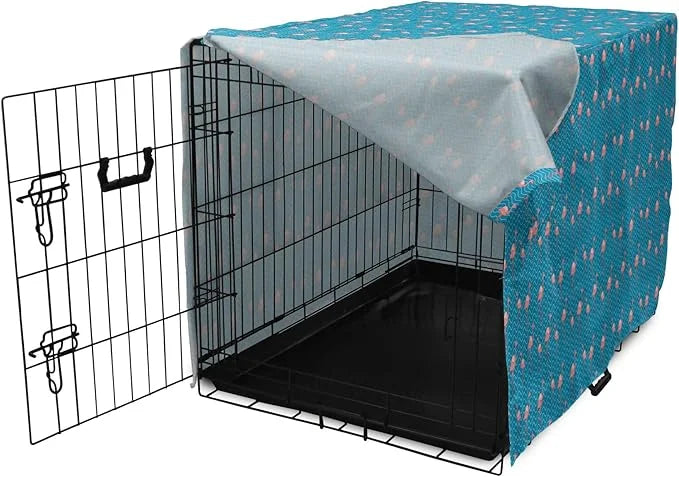 Lunarable Flamingo Dog Crate Cover, Tropical Romance Birds on Wavy Horizontal Stripes Hawaiian Love Doodle, Easy to Use Pe...